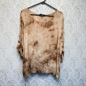 Como‎ Black Top Womens 3X Tan Brown Tie Dye Roll Tab Sleeve Scoop Neck